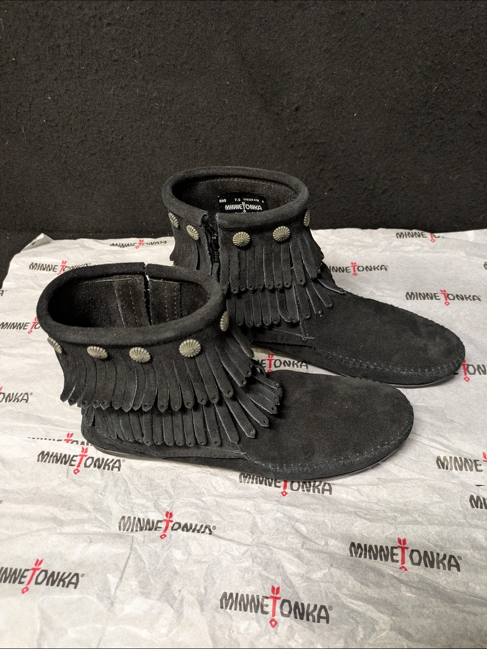 Minnetonka Black Suede Fringe Ankle Boots - Picture 3 of 7